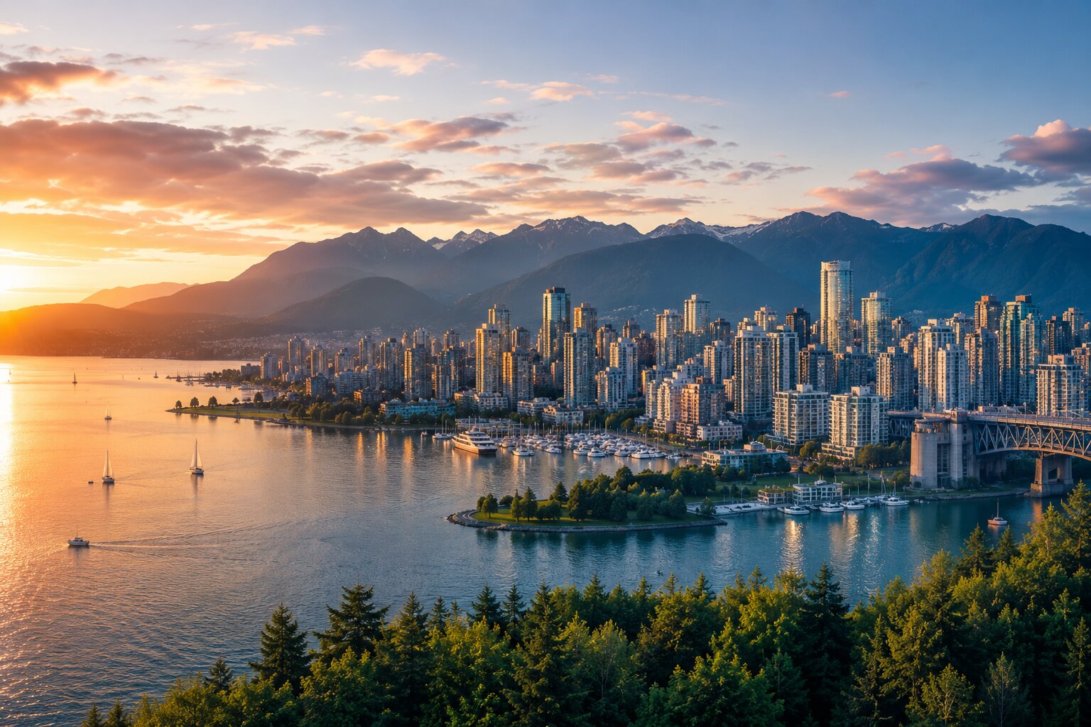 Vancouver skyline, mountains and waterfront at sunset, British Columbia